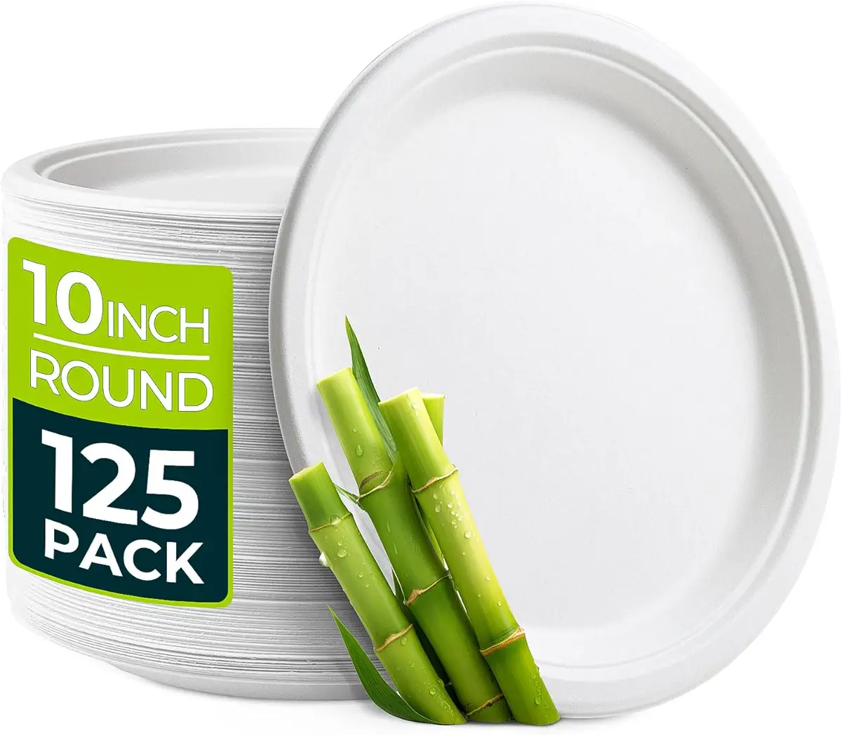 Hihomry Compostable Paper Plates 10 Inch Bulk, Heavy Duty Disposable Large 10&#34; Party White Plates, Biodegradable Eco Friendly Sugarcane Paperplates for Dinner Dessert [125-Pack]