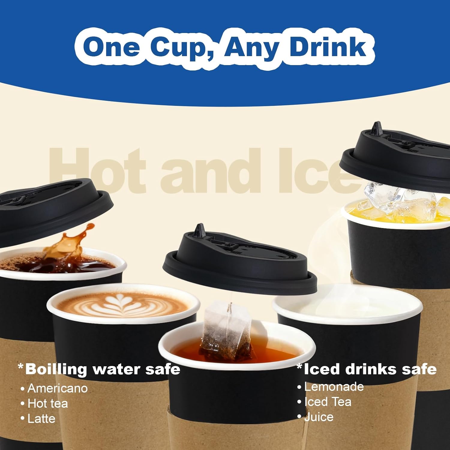 16 oz Coffee Cups + 16 Extra Cups Bulk Disposable To-Go Paper Cups with Lids and Sleeves for Hot Beverage, Chocolate, Cocoa, Office Supplies, Coffee Bar Accessories (100 Pack + 16 Extra Cups, Black) - Image 6