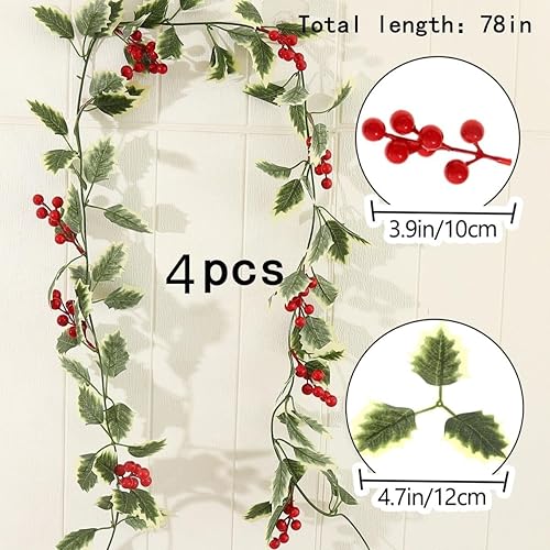 Miniatura 2 de 4 piezas de vid de Pascua artificial de Navidad, bayas rojas, vid suave, decoración de ambiente festivo (rojo-3)
