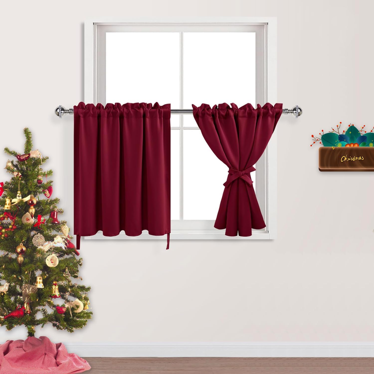 DWCN 3 Piece Blackout Tier and Valance Window Curtains Set, Burgundy