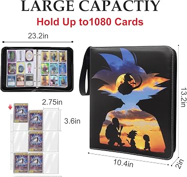 Anime Trading Card Binder for Cards, 9 Pocket with 60 Sleeves up to 1080 Cards One Piece TCG Card Binder, Waterproof Card Storage Book, Trading Cards Display Case | 3-Ring, 60 Double Sided Removable Sleeves, Acid-Free PVC-Free Pages for Dragon Trading Cards,Collectors, Boys Girls and Fans