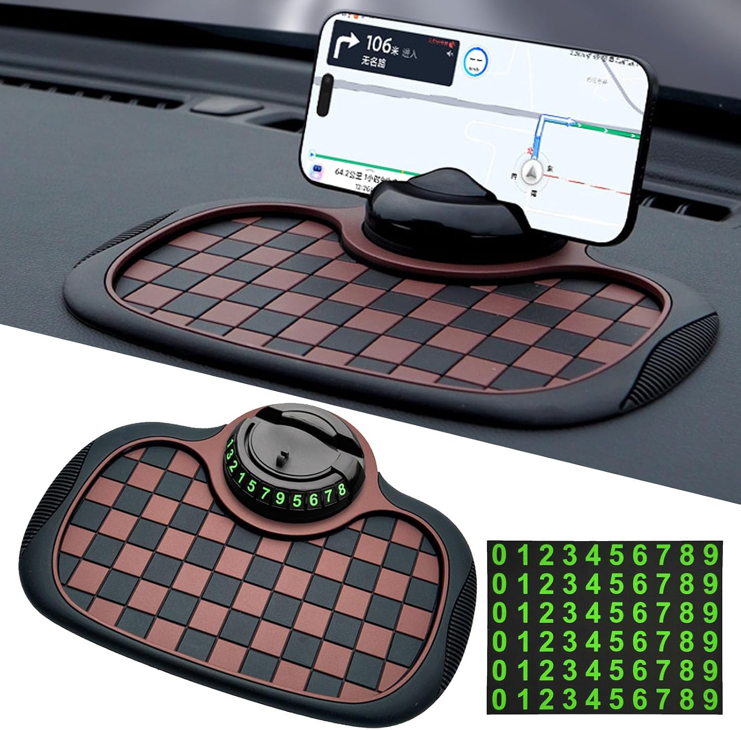 Multifunctional Car Anti-Slip Mat, 3 in 1 Dashboard Anti Slip Pad 360° Rotatable Phone Holder & Temporary Parking Number, All in One Car Organizer Pad for Phones Keys Sunglasses Gadgets-Black