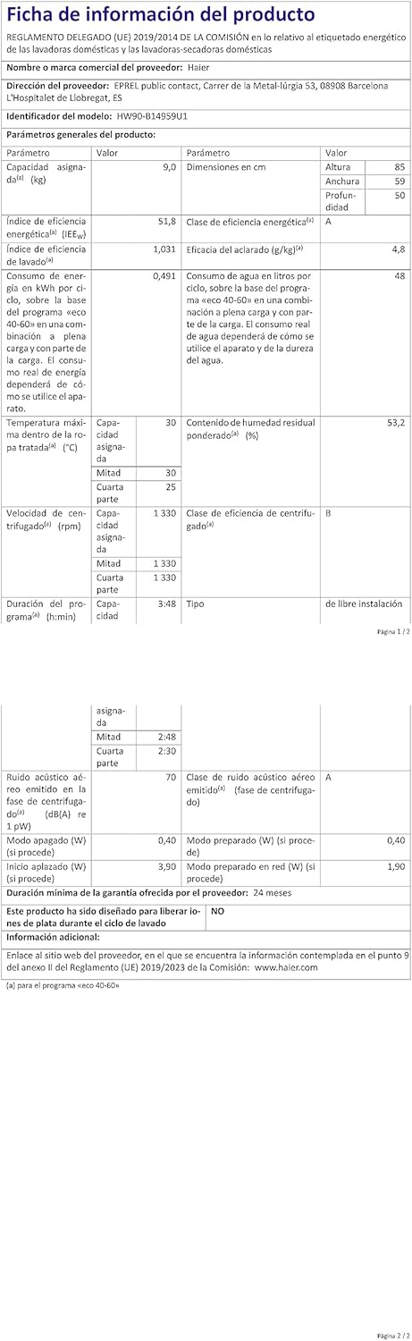 Haier I-Pro Series 5 HW90-B14959U1-S Lavatrice 9 kg, 1400 rpm, Motore Direct Motion, antibatterico, Connettività App HOn, Vapore, Tamburo XL con LED, Classe A Haier I-Pro Series 5 HW90-B14959U1-S Lavatrice 9 kg, 1400 rpm, Motore Direct Motion, antibatterico, Connettività App HOn, Vapore, Tamburo XL con LED, Classe A