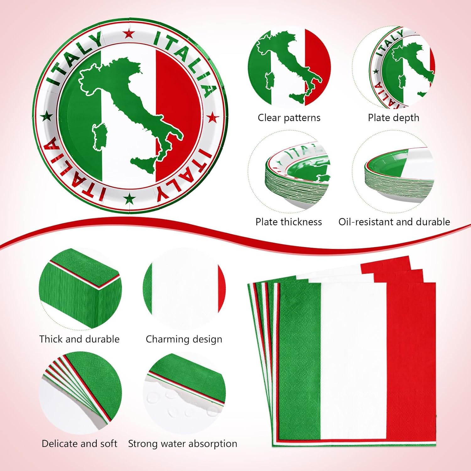 170Pcs Italian Flag Birthday Party Supplies Italy Flag Plates and Napkins Cups Forks Tablecloth Red White Green Tableware Set for Pizza Holiday Family Gathering Dinner Party Decorations Serves 24