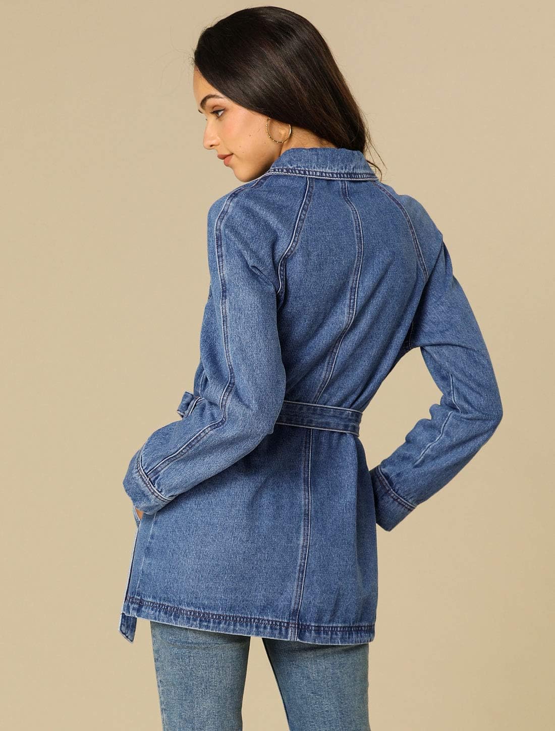 Allegra K Women's Casual Jean Jackets Long Sleeves Tie Waist Button Down Denim Jacket - Image 5