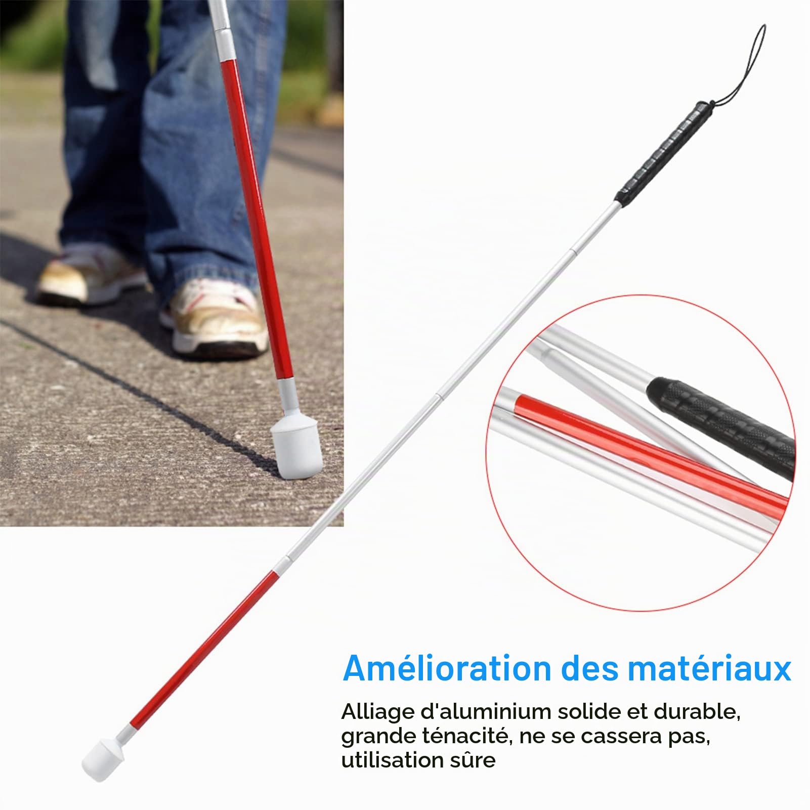 Canne Pliante de 110 cm, béquille de Canne réfléchissante Pliable Guide Anti-Choc Portable bâton de Marche, bâton de Marche pour Aveugle