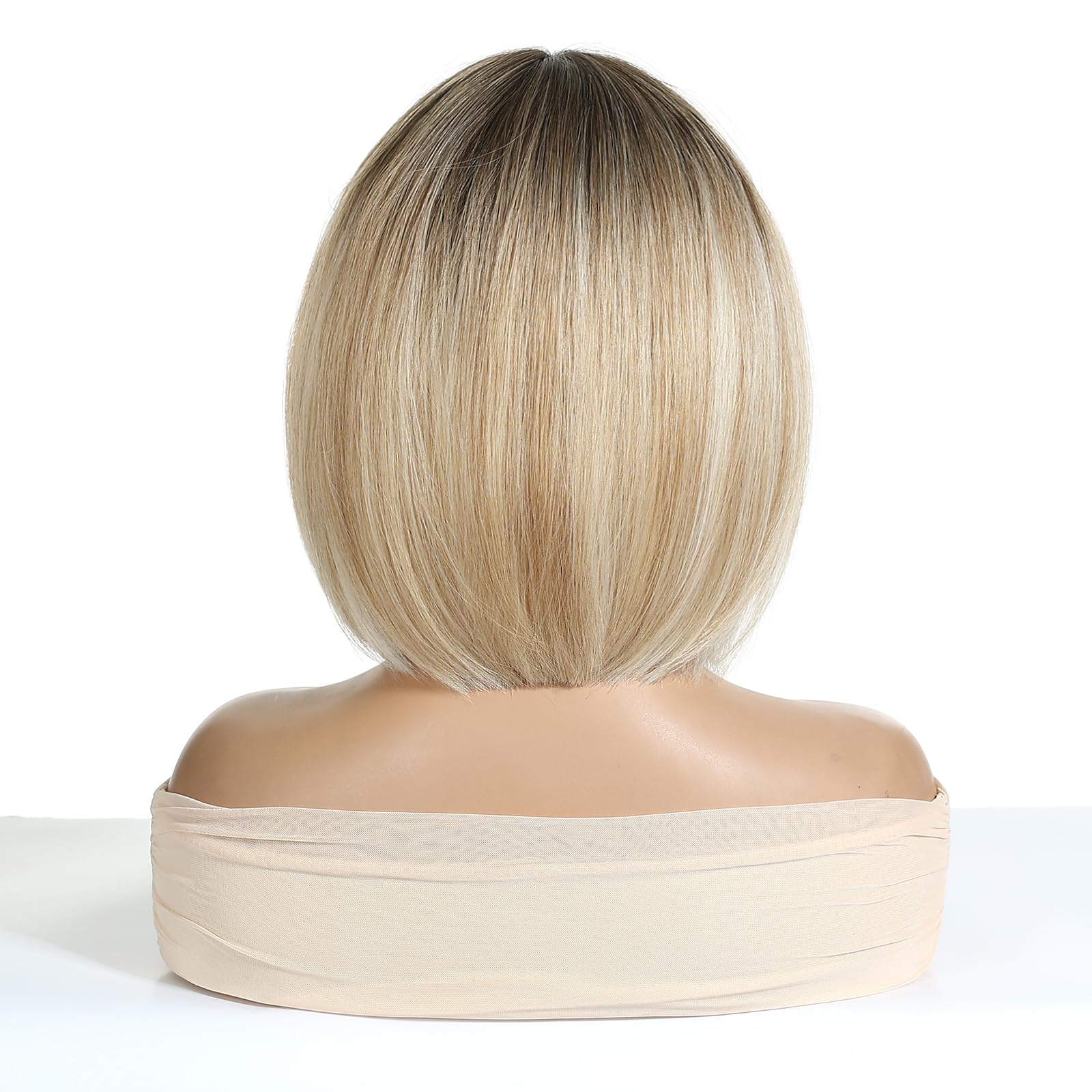 Sapphirewigs Blonde Wigs for Women Mix Blonde Bob Wig with Bangs Dark Roots Short Hair Daily Party Natural Looking 12 inch - Image 3
