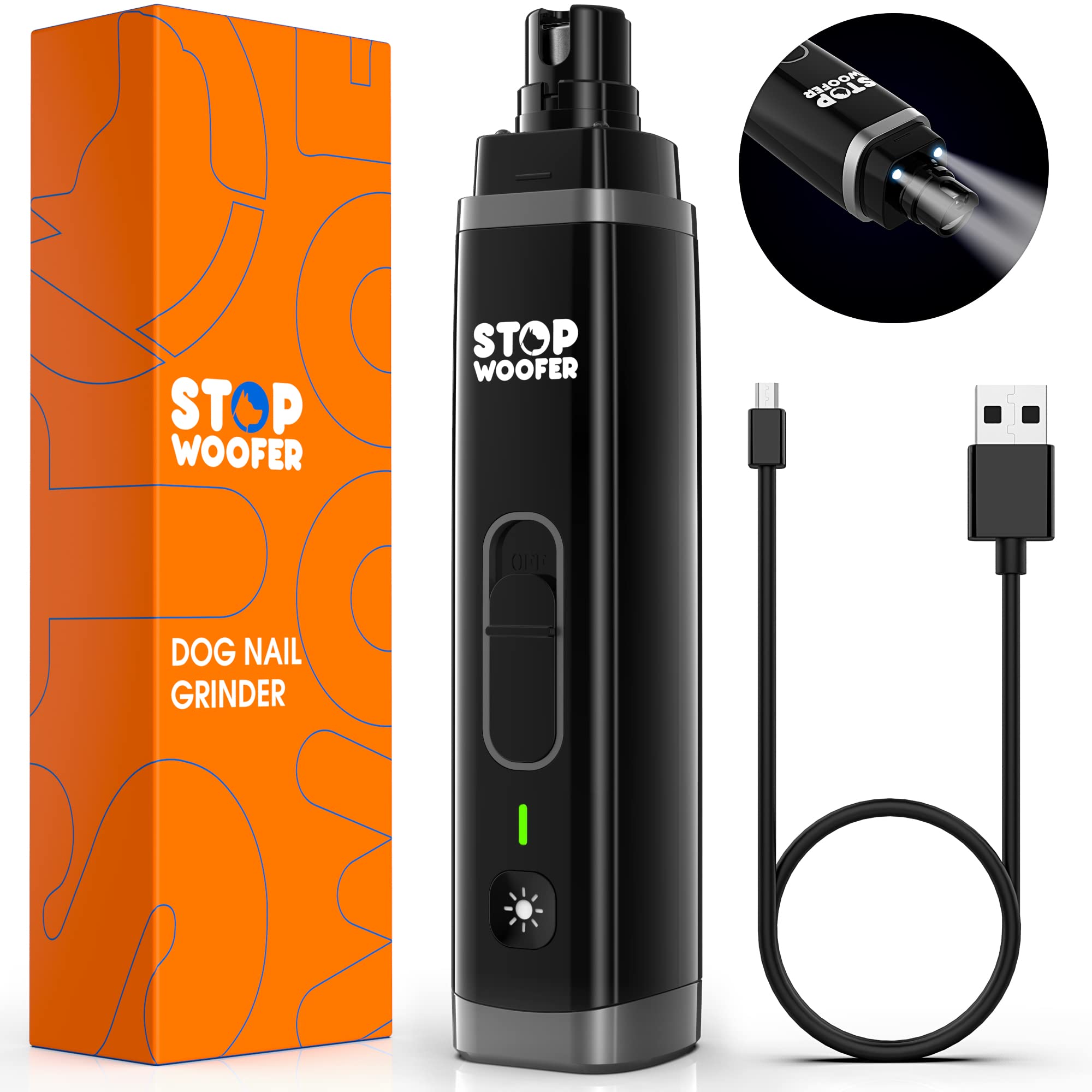 STOPWOOFER Dog Nail Grinder with 2 LED Light for Small Medium Large Dogs - New Version 2-Speed Powerful Electric Pet Nail Trimmer Quiet Painless Paws