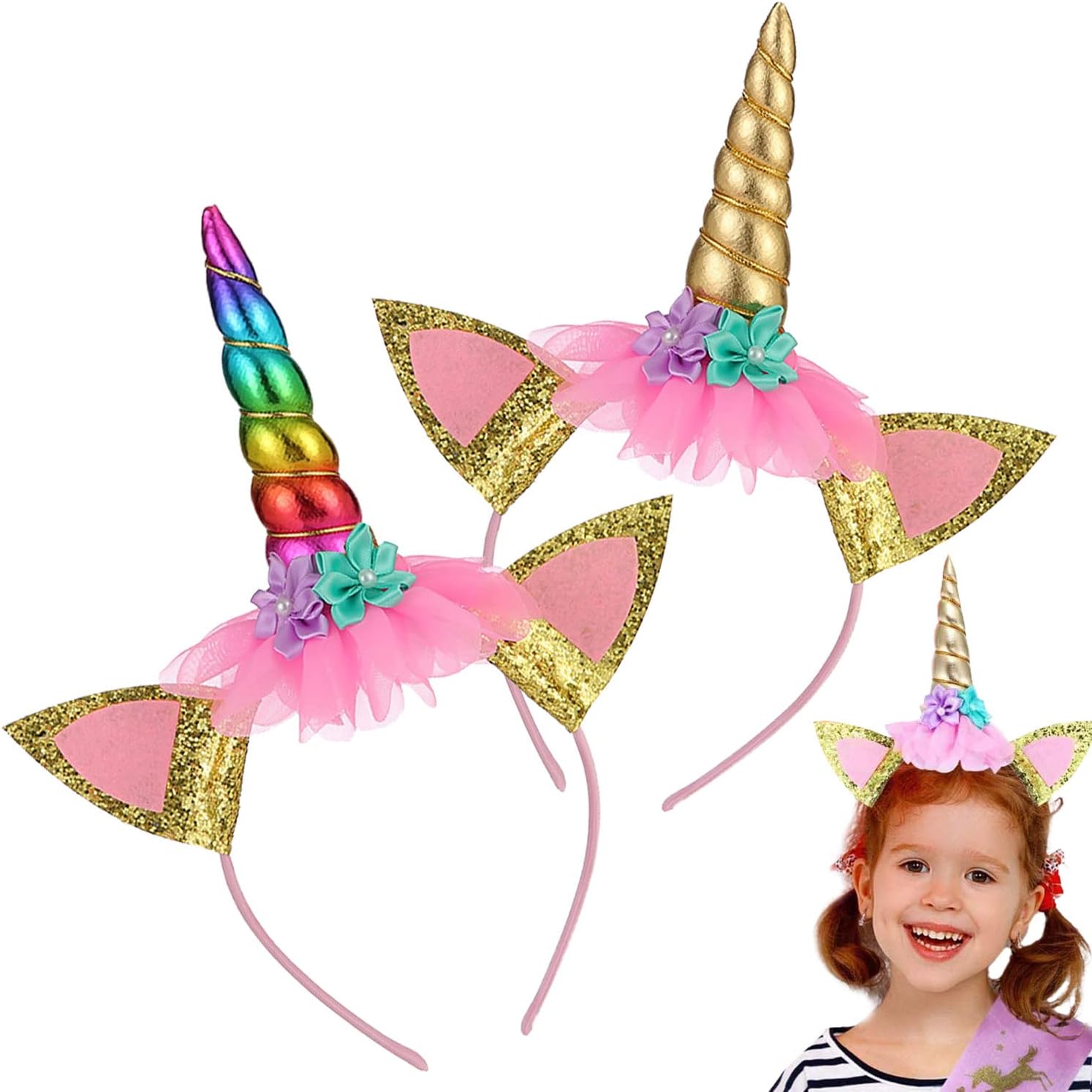 Cuerno de Unicornio,2 Piezas Diadema de Unicornio,Cintas para El Pelo de Unicornio,Diadema Unicornio Niña,Banda de Pelo de Unicornio
