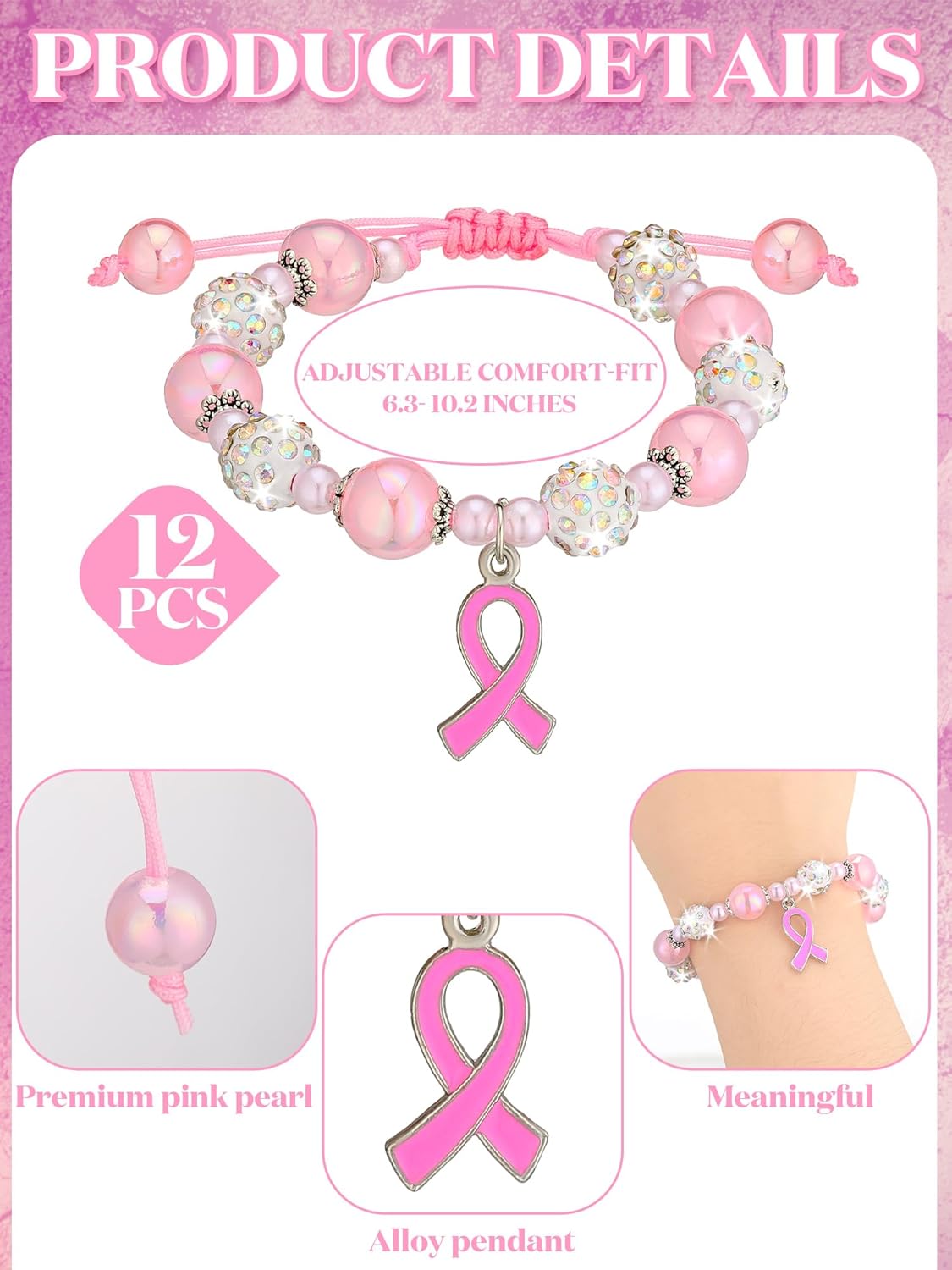 12 Pcs Breast Cancer Bracelets for Women Breast Cancer Awareness Beaded Bracelets Pink Rhinestone Pearl Crystal Beads Jewelry Pink Ribbon Charms Gifts - Image 2