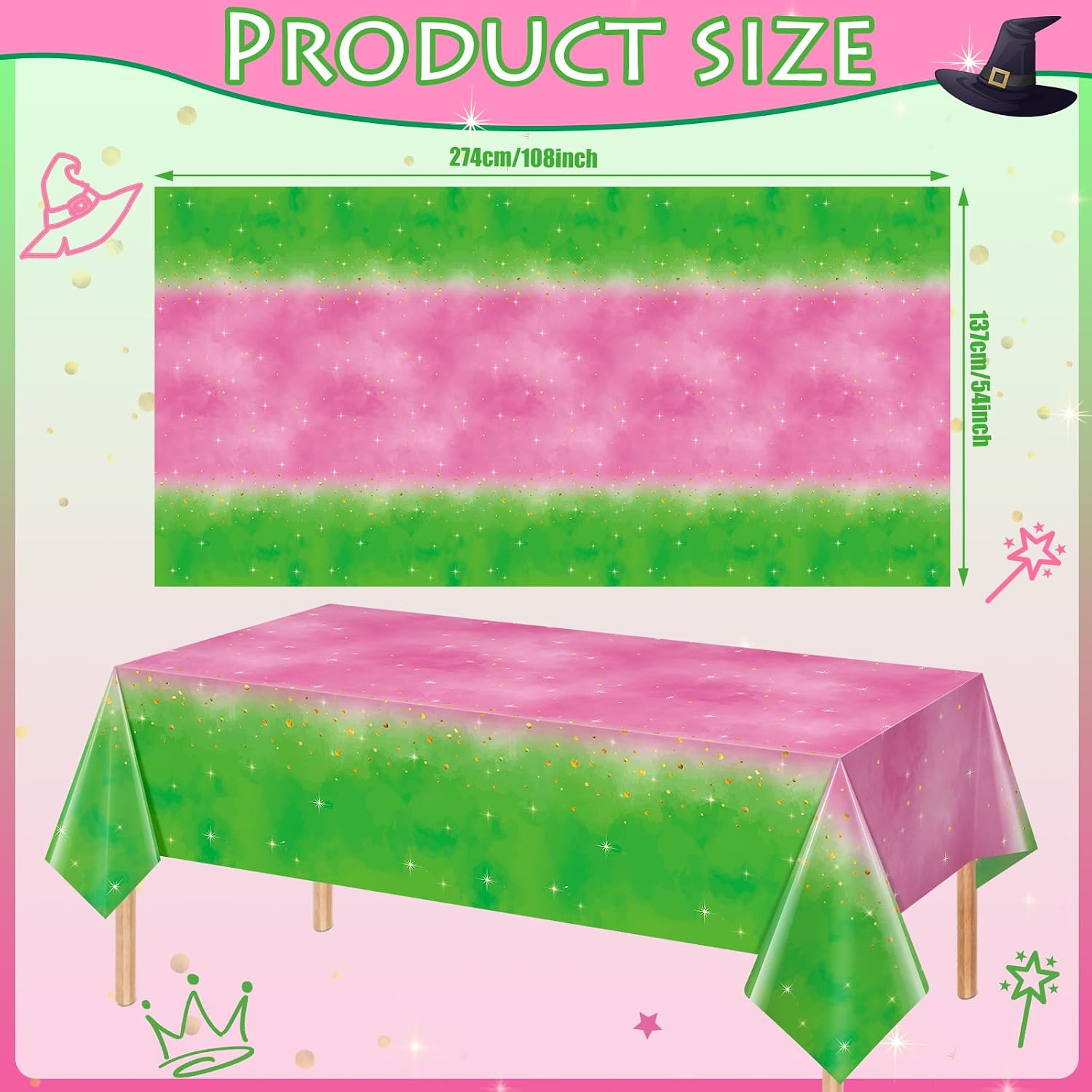 6pcs 54x108Inch Witch Party Decorations Tablecloth,Pink and Green Disposable Rectangle Plastic Table Cloth,Witch Theme Table Cover for Kids Baby Shower Wedding Birthday Party Supplies Decors image 2