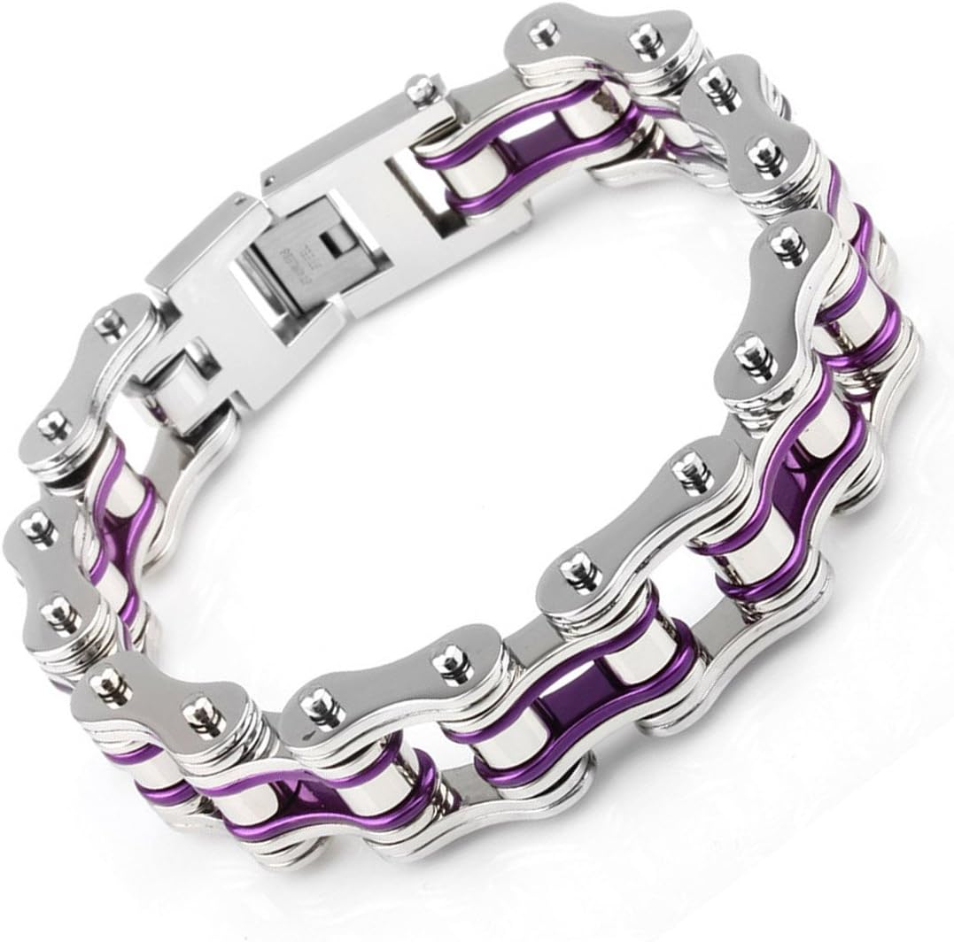 Stainless Steel Mens Bracelet Bike Chain Wide Motorcycle Heavy Bangle Man Jewelry (purple-silver)