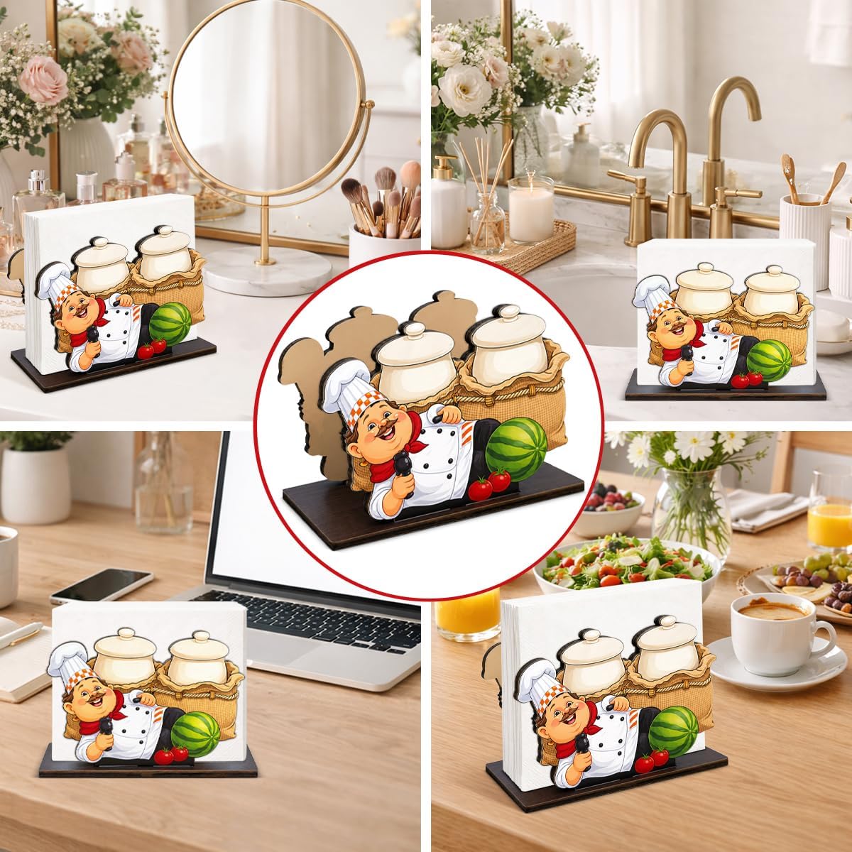 Funny Chef Wooden Napkin Holder for Table Cute Cartoon Chef Wood Napkin Dispenser for Home Kitchen Dining Room Decor Napkins Tissue Holder