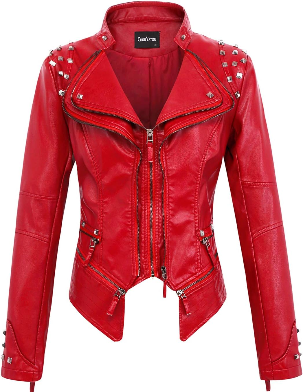 chouyatou Women's Fashion Studded Perfectly Shaping Faux Leather Biker Jacket