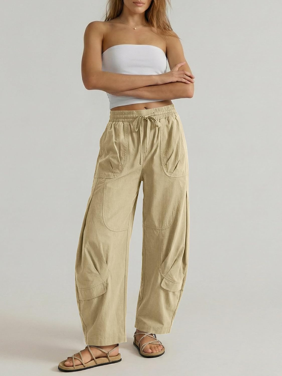 Aoysky Womens Baggy Barrel Wide Leg Pants Drawstring Elastic High Waisted Casual Loose Trousers Pockets