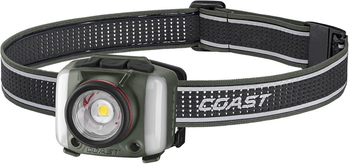 Coast FL97R Voice-Controlled 1200 Lumen Rechargeable LED Headlamp with Pure Beam Spot & Flood, ARC Lighting, Red & Green Color Modes, Glide Focus Radial Arm Dial and USB-C Charge Port, Forest Green
