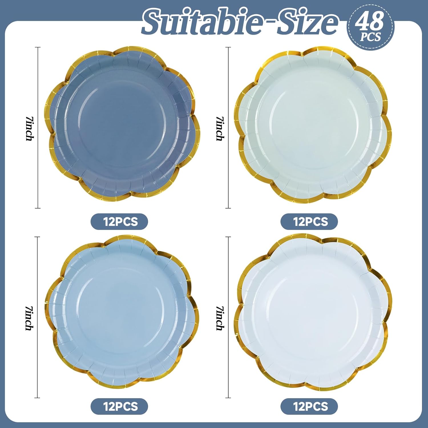 48 Pcs Dusty Blue Party Plates, 7 Inch Disposable Cake Plates Gold Foil Edge Dessert Plates Tea Party Supplies for Baby Shower Bridal Shower Wedding Birthday Decorations - Image 2