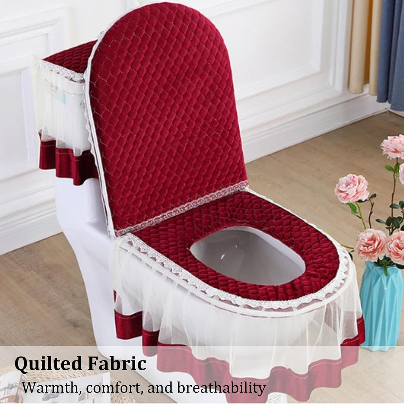 Elegant Toilet Tank Cover And Lid Set, Double Zipper Velvet Toilet Mat Set, Soft Lace Toilet Lid, Tank, Seat Top Cover, For All Seasons(H)
