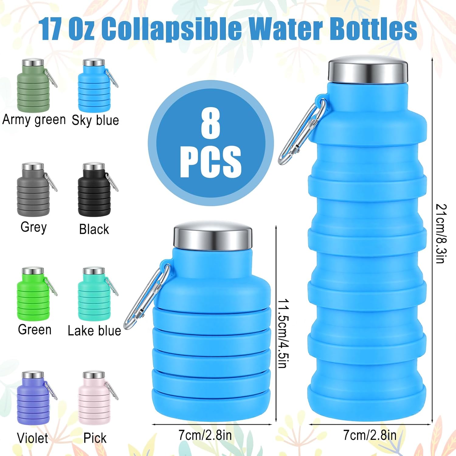 8 Pcs Collapsible Water Bottles Bulk, 17 OZ Foldable Water Bottles For Travel, Reusable Silicone Portable Lightweight Sports Bottle With Carabiner For Gym Hiking Camping