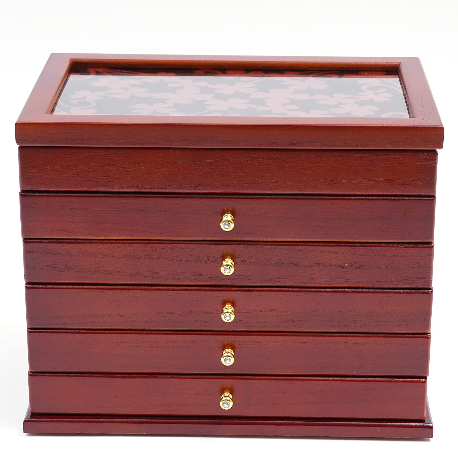 6-Layer Jewelry Boxes, Large Wooden Jewellery Box Walnut Retro Jewellery Box Cabinet Four Leaf Grass