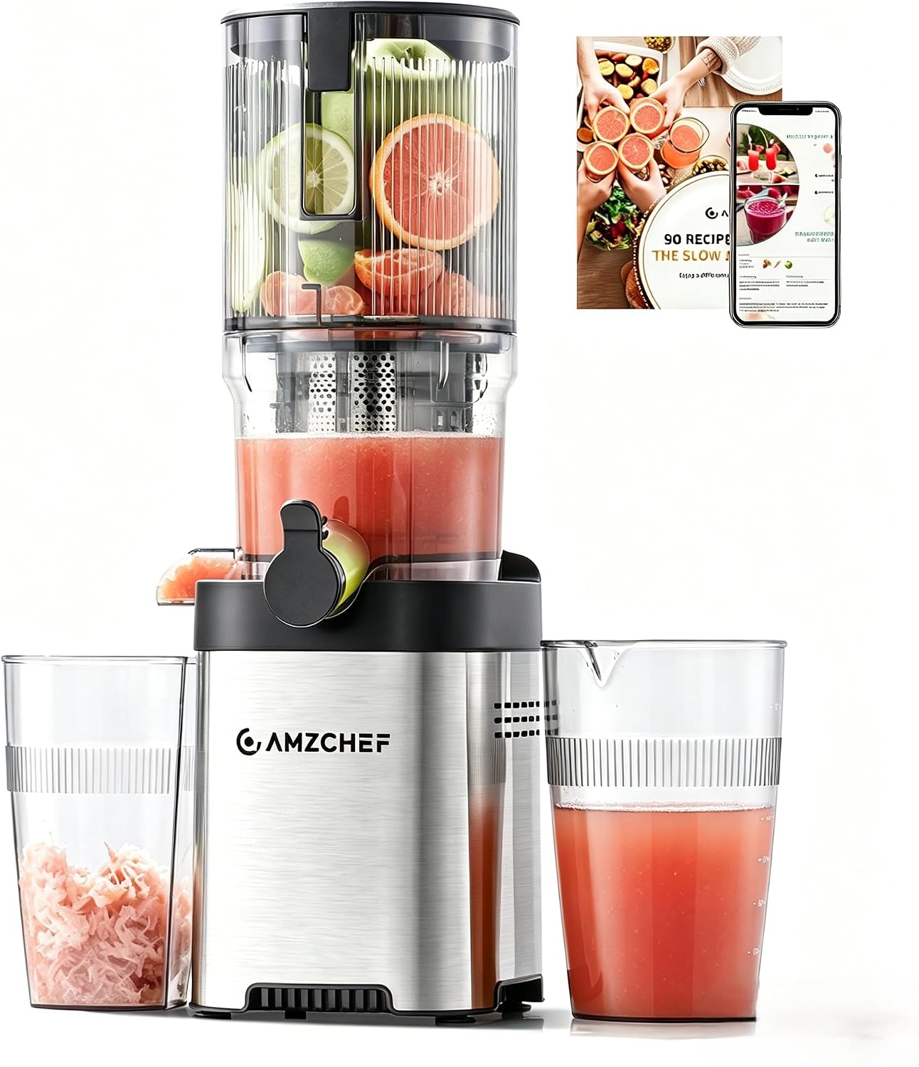 AMZCHEF Cold Press Juicer Machine, 5.2" Large Self-Feeding Chute for Whole Fruits & Vegetables, Masticating Juice Extractor with Large Auger & Triple Strainers, Easy to Clean