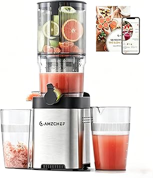 AMZCHEF Cold Press Juicer Machine, 5.2" Large Self-Feeding Chute for Whole Fruits & Vegetables, Masticating Juice Extractor with Large Auger & Triple Strainers, Easy to Clean