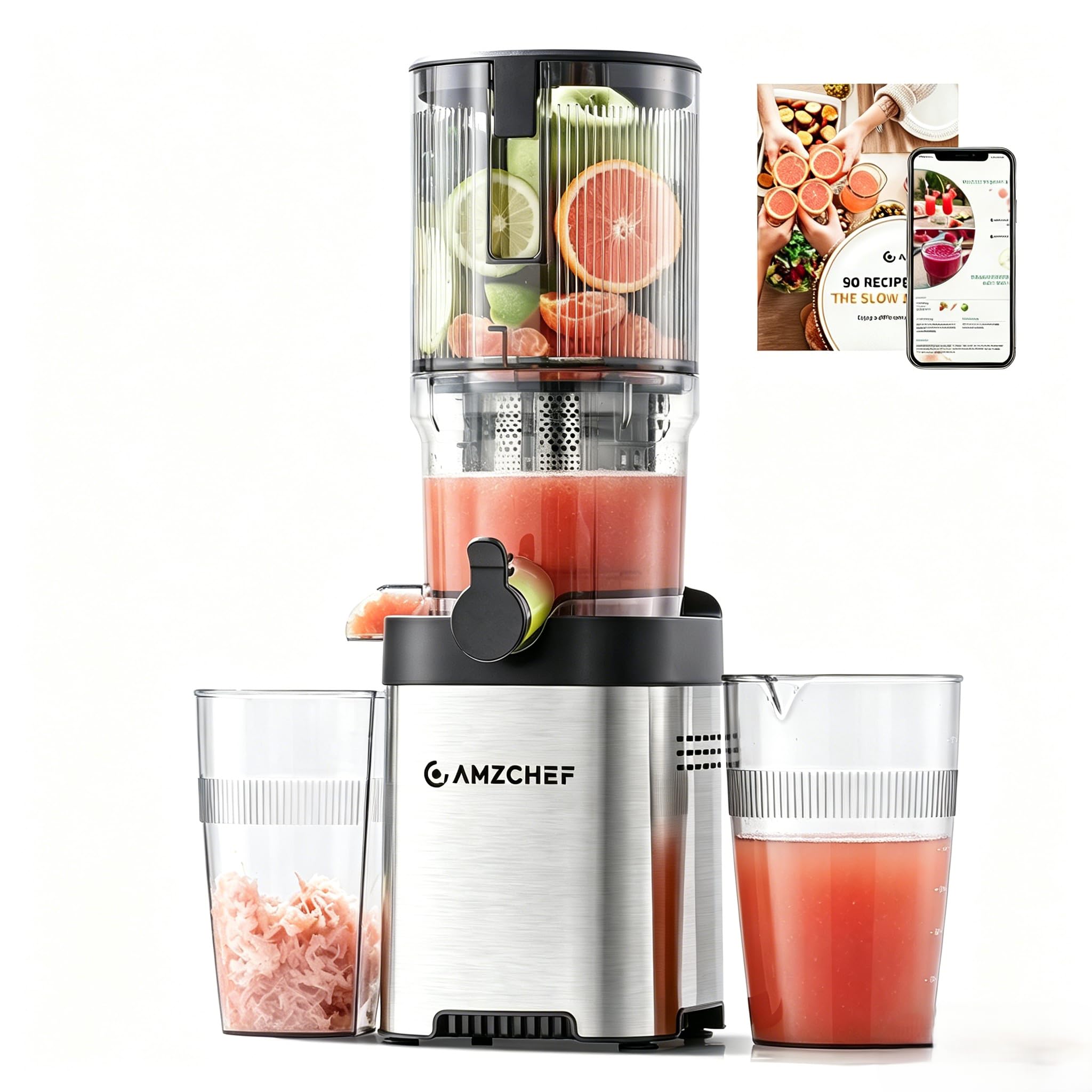 AMZCHEF Cold Press Juicer Machine, 5.2" Large Self-Feeding Chute for Whole Fruits &amp; Vegetables, Masticating Juice Extractor with Large Auger &amp; Triple Strainers, Easy to Clean