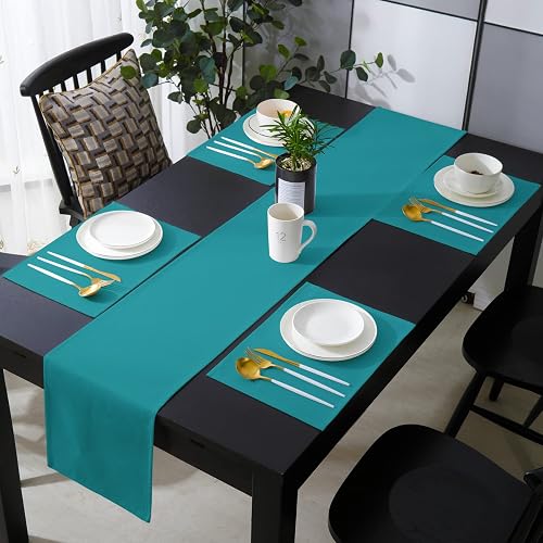 Teal Table Runner and Placemats Set of 6 Blue Green Solid Color Cotton Linen Din
