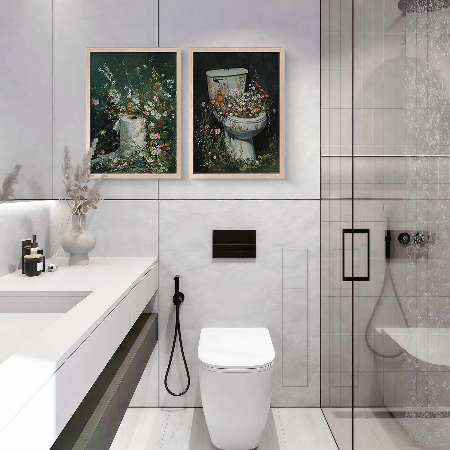 2Psc Framed Bathroom Wall Art Floral Canvas Prints, Fun Plant Theme Paintings, Gallery-Grade Artwork, Creative Posters for Bathroom, Living Room, Bedroom Decor, 16x24 Inches, Ready to Hang
