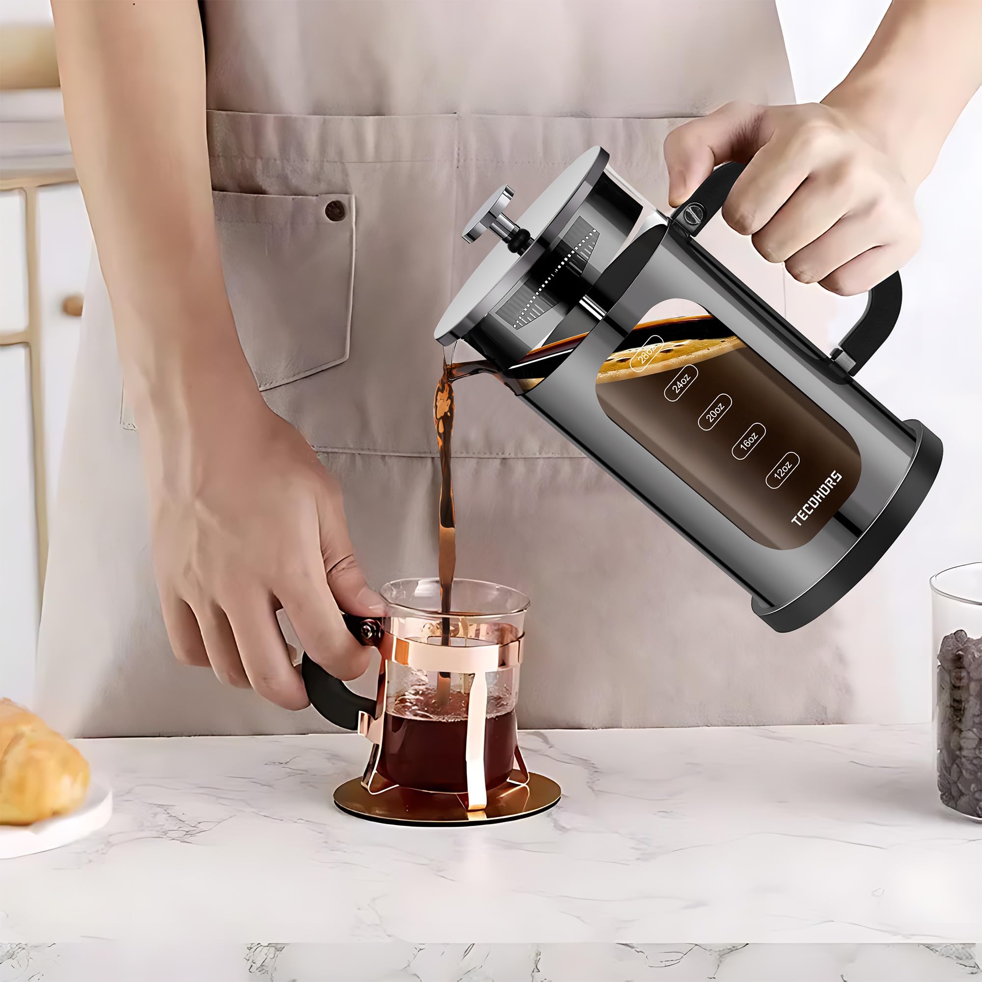 French Press ekspres do kawy ze stali nierdzewnej 304, z systemem 4 filtrów, odporne na wysokie temperatury, szkło borokrzemowe, zaparzony dzbanek do kawy (jasnoczarny)