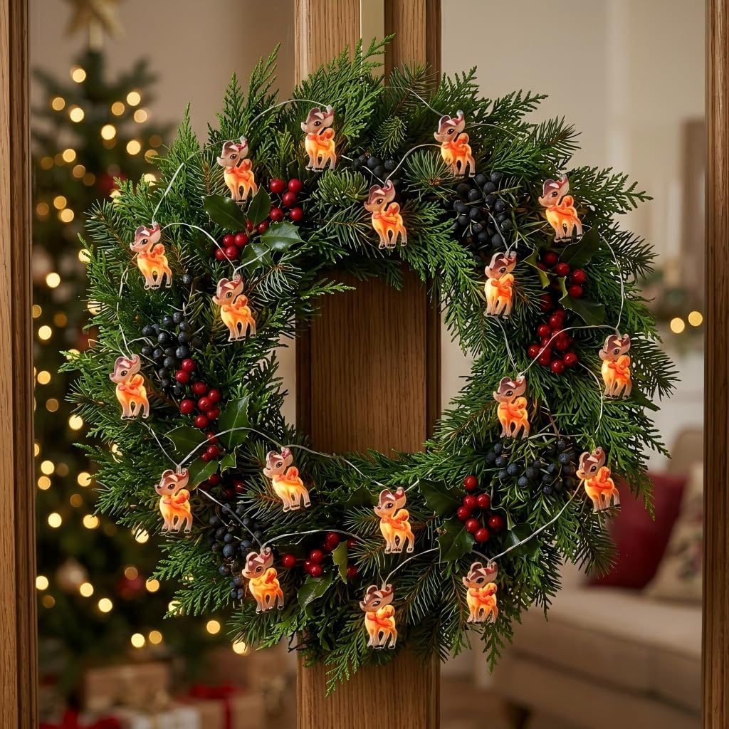 10FT 30 LED Reindeer String Lights, Battery Operated Warm White Christmas Decor for Tree, Mantel, Bedroom, and Holiday Home