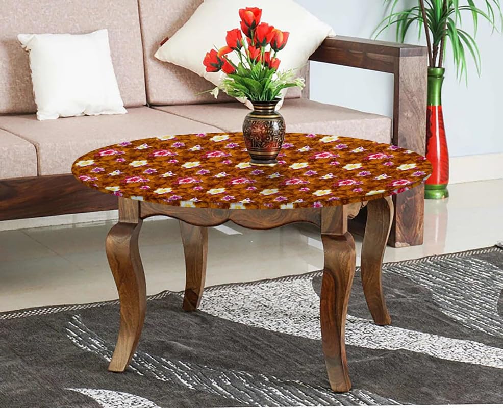 Image of The Furnishing Tree Round Elastic Fitted Center Tpoy Table Cover WxL 20x20 Inches Floral Pattern Orange
