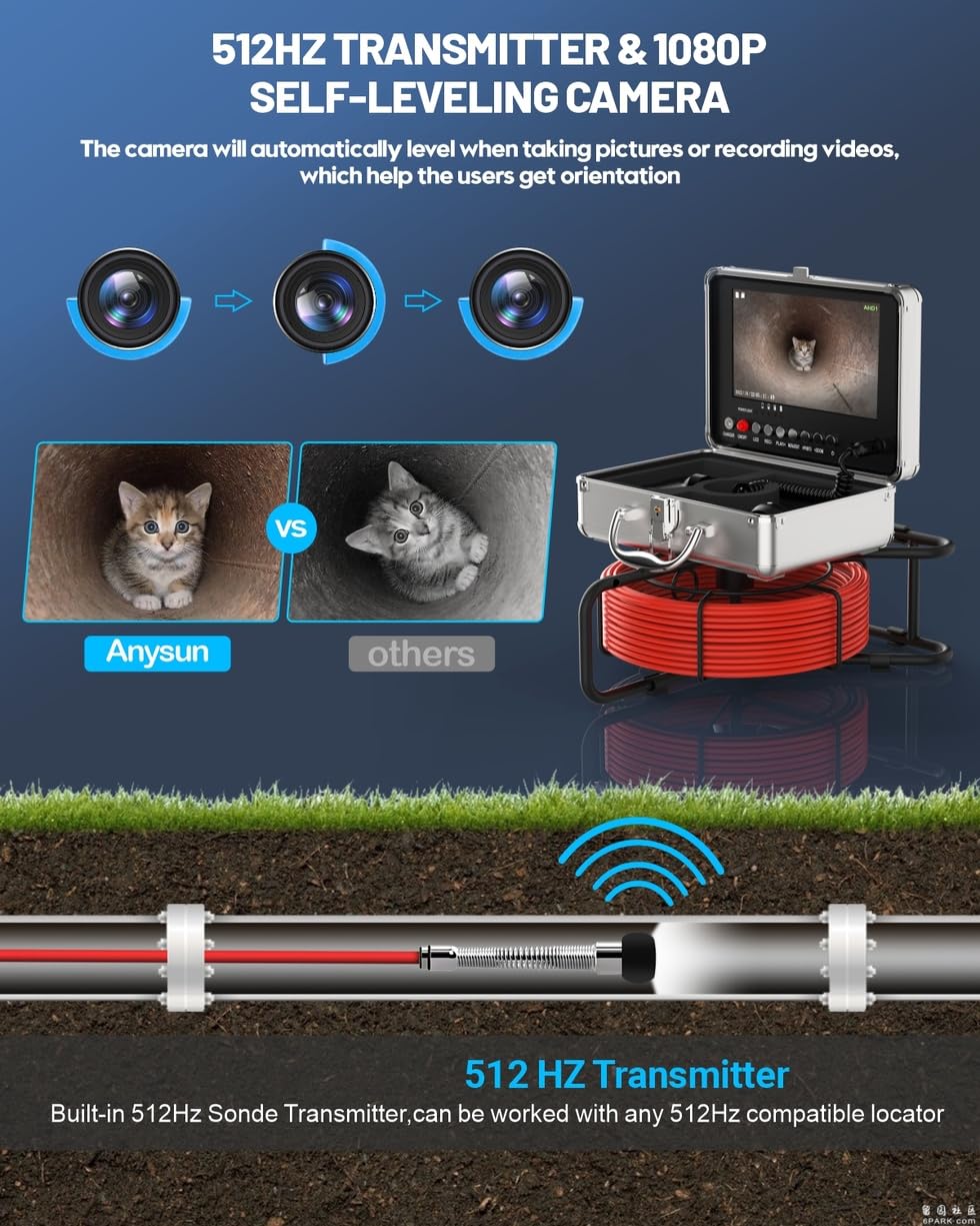 Anysun Cámara Endoscópica, Cámara de inspección con Nivelación Automática y Transmisor de 512 HZ, Grabadora DVR, Endoscopio Industrial Cámara Resistente al Agua IP68, Monitor a Color IPS 1080P de 9"