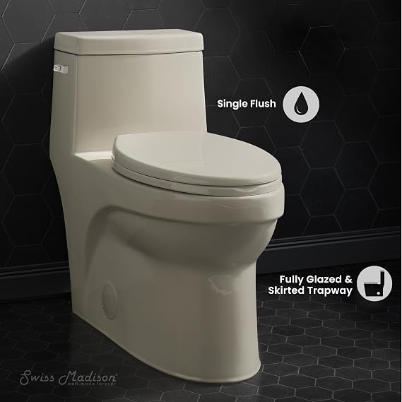 Swiss Madison Well Made Forever SM-1T123BQ, Virage One Piece Elongated Left Side Flush Handle Toilet 1.28 gpf in Bisque