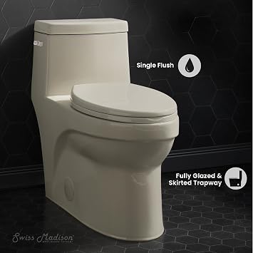Swiss Madison Well Made Forever SM-1T123BQ, Virage One Piece Elongated Left Side Flush Handle Toilet 1.28 gpf in Bisque