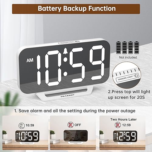 Miniatura 6 de Peakeep Slim Digital Mirror Aesthetic Alarm Clock for Bedrooms Desk Decor, Plug in Electric Big LED Modern Small Clock for Office Living Room,
