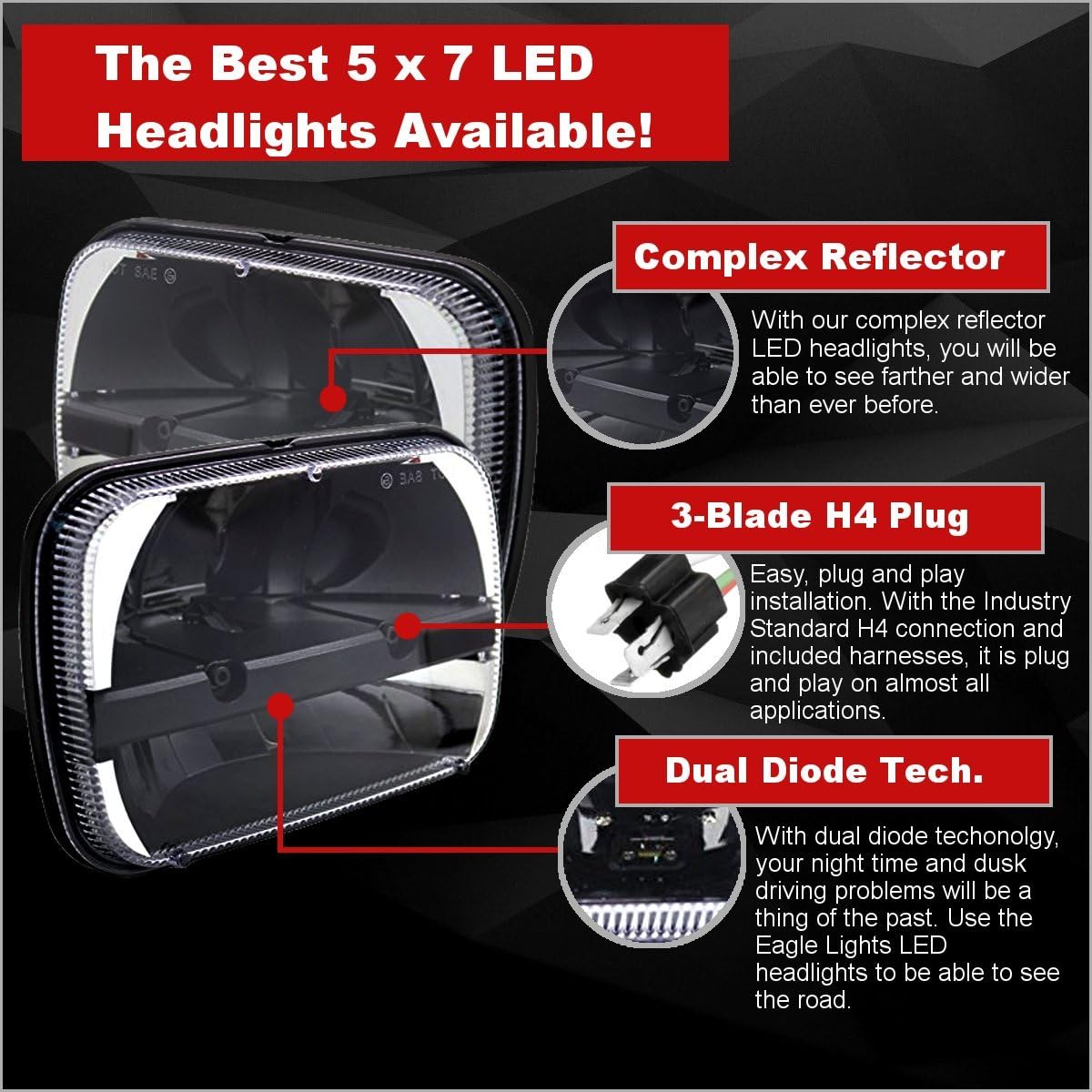 Eagle Lights Complex Reflector 5 x 7 LED Headlight with Negative Harness For Toyota Models
