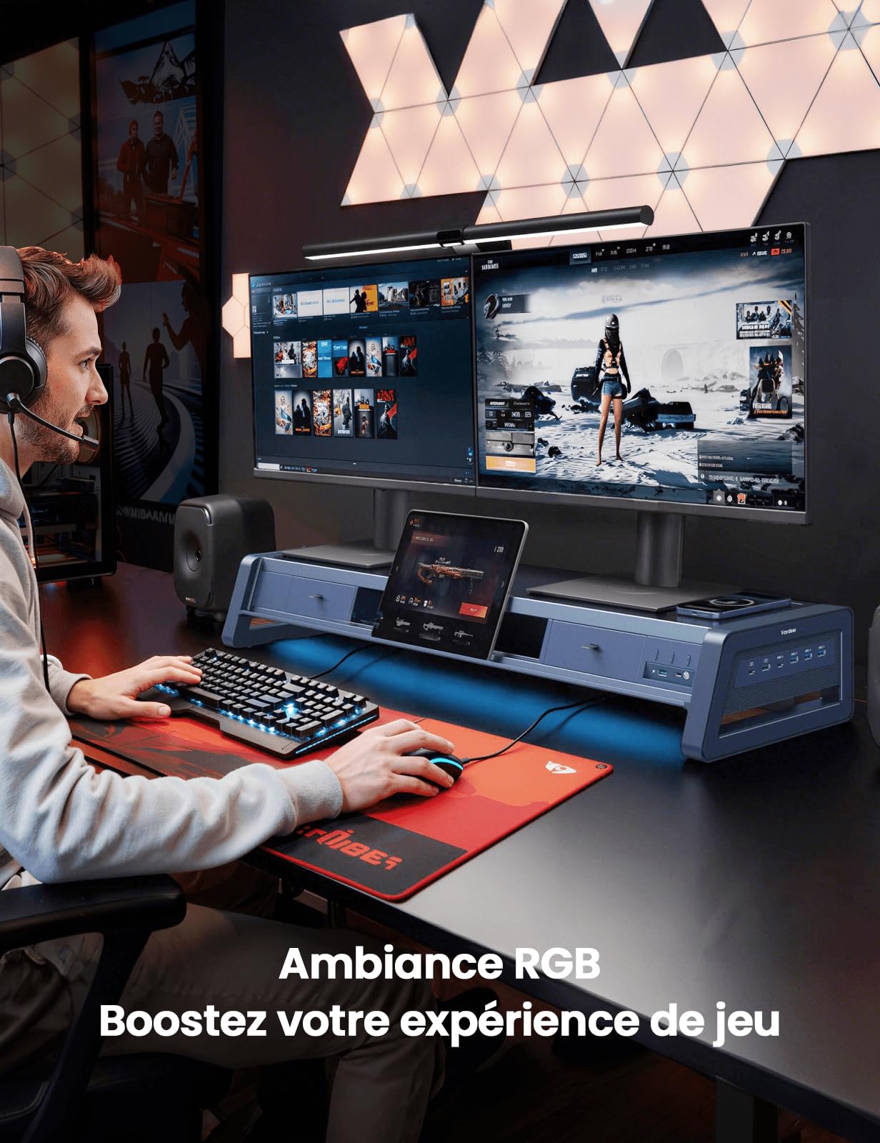 VAYDEER Support double moniteur avec 8 ports USB 3.0, support de transfert de données pour 2 moniteurs, support en métal pour PC, ordinateur portable, jusqu'à 32 pouces, noir