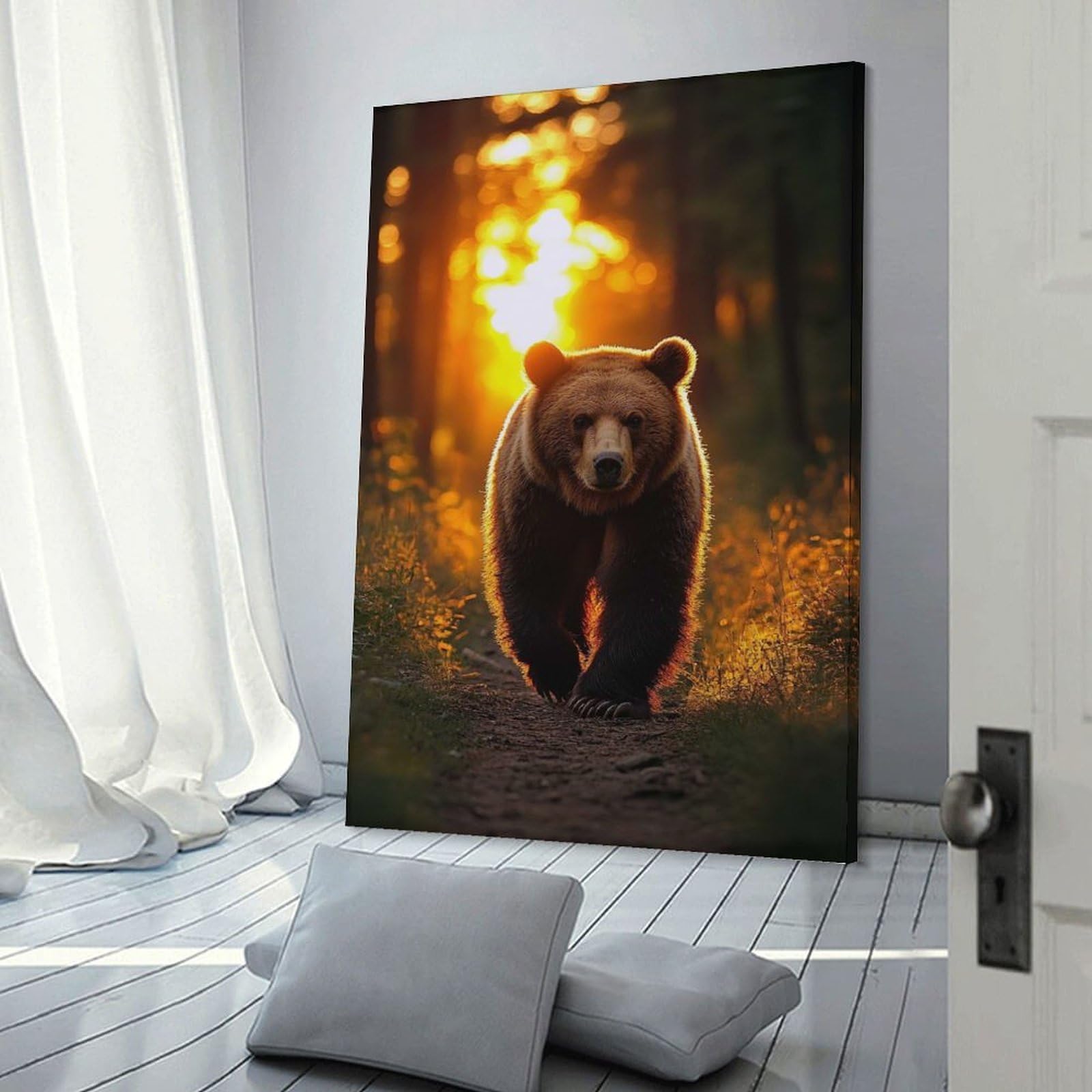 Junmoney Frame-Style-5 Hanging Wall Art Bear Walking In Forest At Sunset, 24X36inch(60X90cm), For Entryway, Lounge Links Or Small Walls, A Neat Decor Update For Hallways