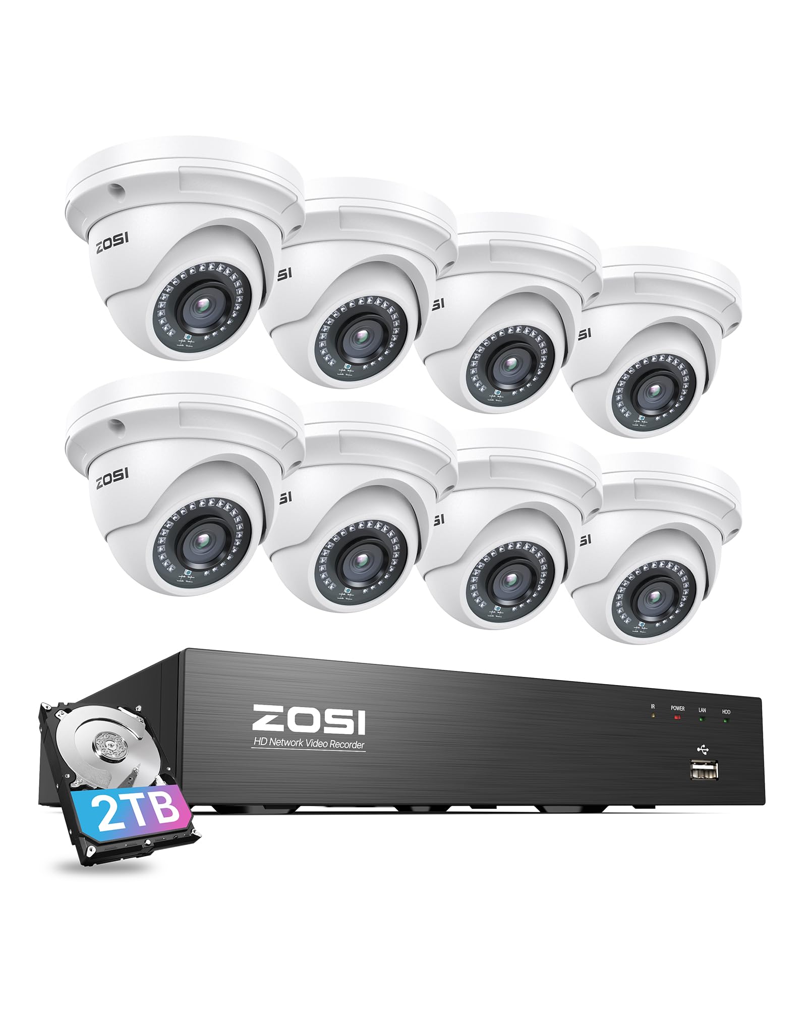 ZOSI 8CH 4K PoE Security Camera System, 8pcs 3K 5MP Outdoor Indoor PoE IP Dome Cameras, 8 Ports 16CH 8MP NVR Recorder with 2TB Hard Drive for 24/7 Recording, Night Vision, Motion Alert, Remote Access