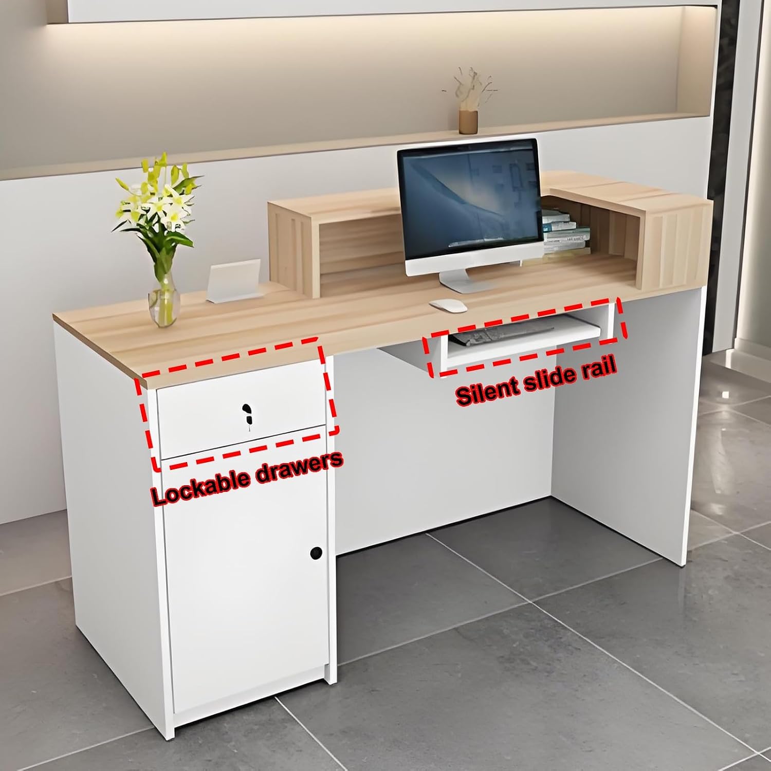Reception Desk, Front Counter Desk with Lockable Drawers, Front Desk, Desk Wooden Computer Desk Reception Table,for Checkout Office/Beauty Salon/Lobby(Black+White R,100cm/39.3in)