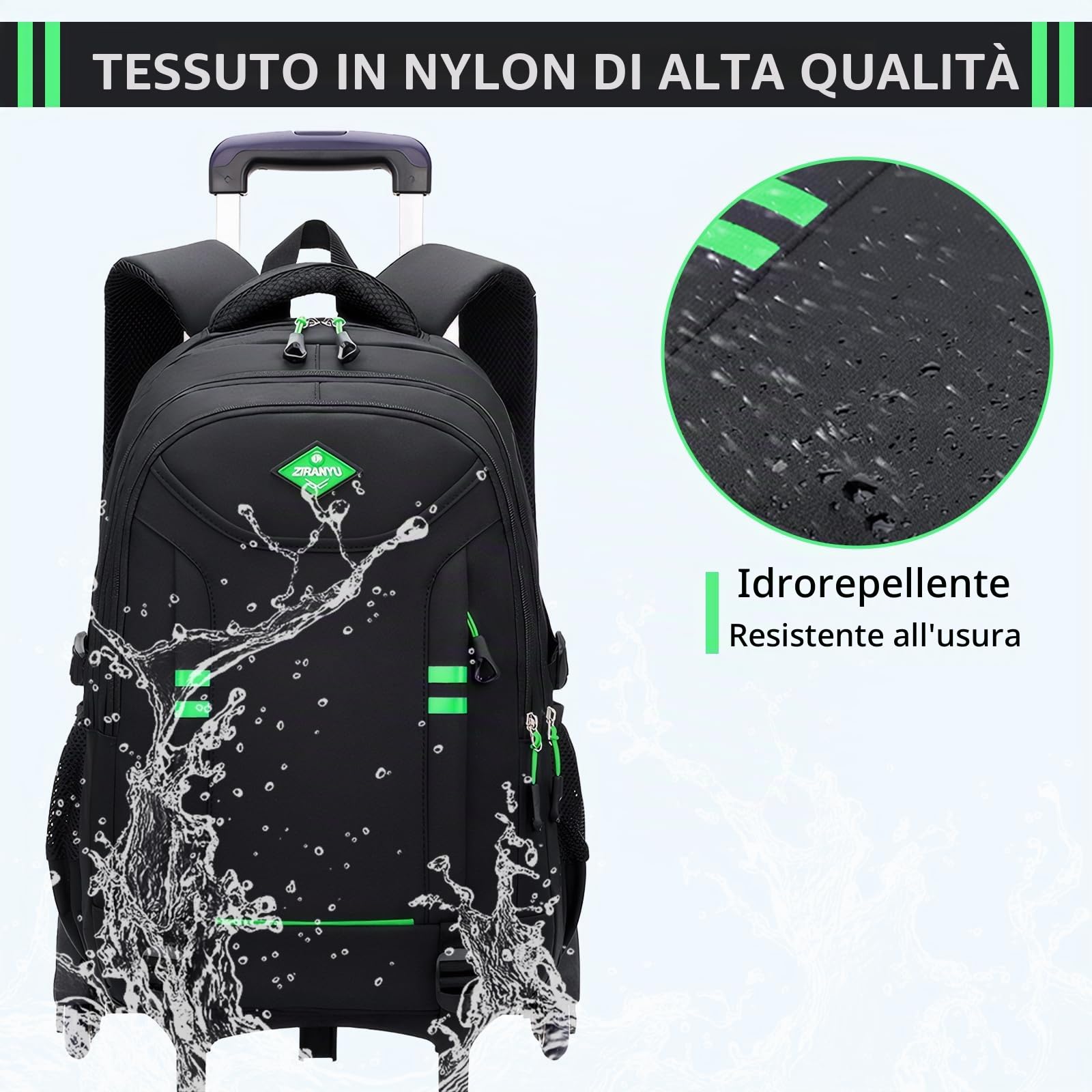 Amythe Zaino Scuola Trolley per Bambini Ragazzi, Zainetto con Carrello e Maniglia Telescopica per Viaggi, 6 Ruote, Zaini per Elementare e Medie per Adolescenti di 9-16 anni, Nero