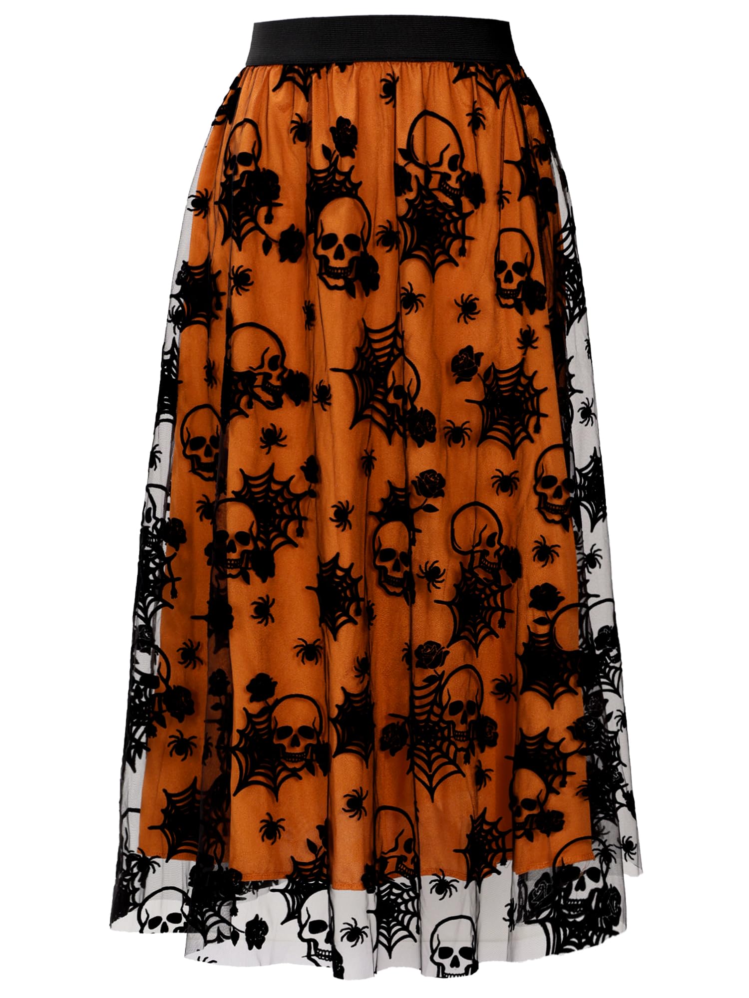 Cossoul Women's Orange Skulls Halloween Tulle Skirt Pumpkin Elastic Waist Layered Mesh Midi Halloween Witch Skirt, L-Xl