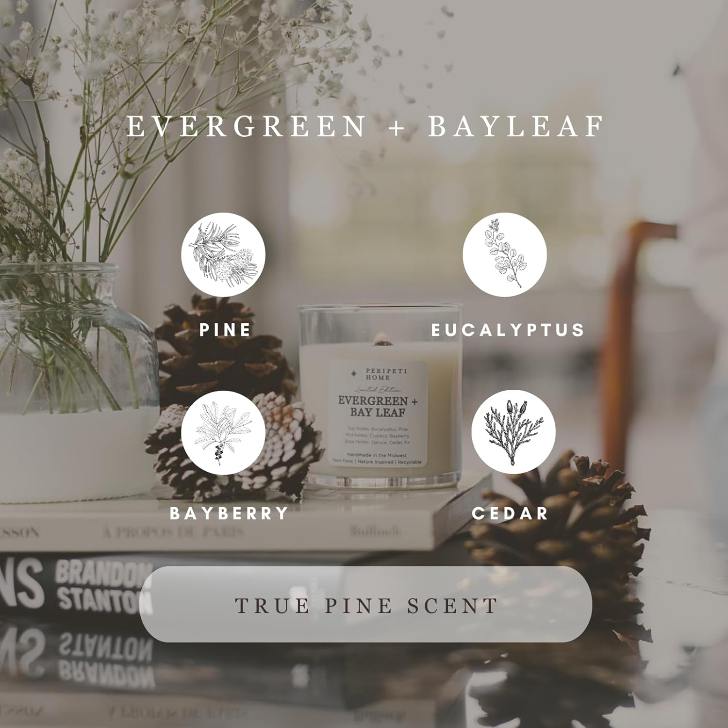 PERIPETI Home Evergreen + Bay Leaf Scented Candle – 8.5oz Classic Wick, Natural Wax for Calming Aromatherapy, Long-Lasting Fresh Woodland Scent