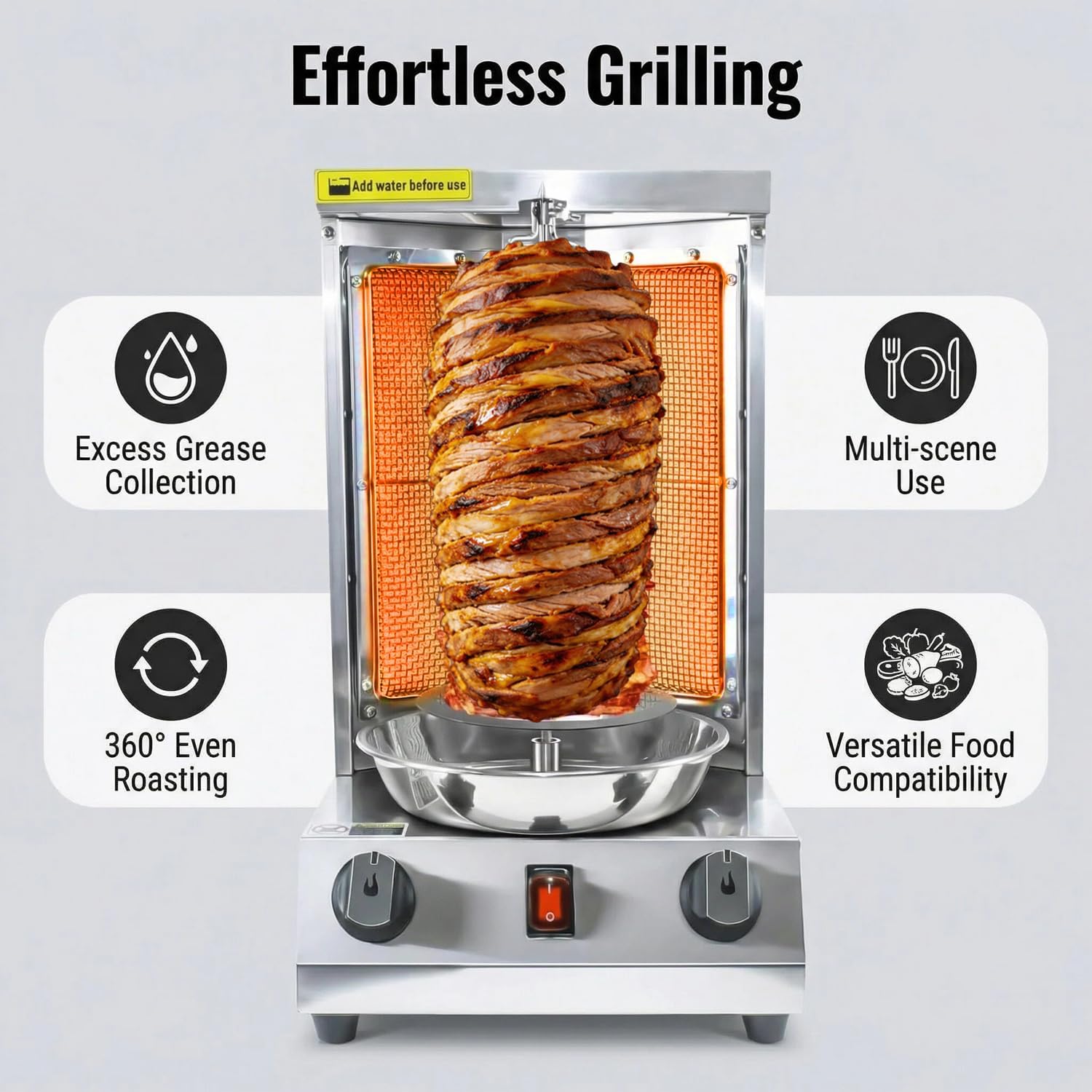 KOOTEN Shawarma Machine Vertical Propane Gyro Machine Chicken Roaster Machine Doner Kebab Machine wih 2 Burners and Meat Catch Pan