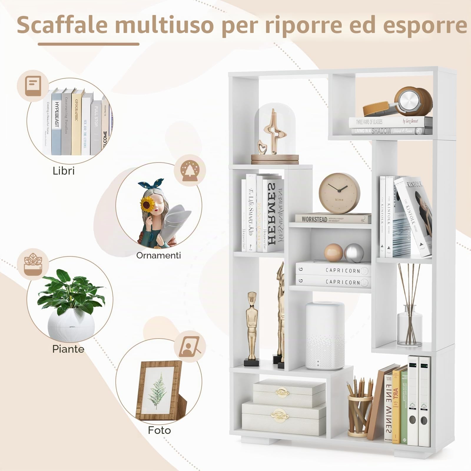 GIANTEX Libreria Indipendente 70 x 20 x 120 cm, con Dispositivi Anti-Ribaltamento, Scaffale in Legno per Soggiorno, Studio e Ufficio (Bianco)