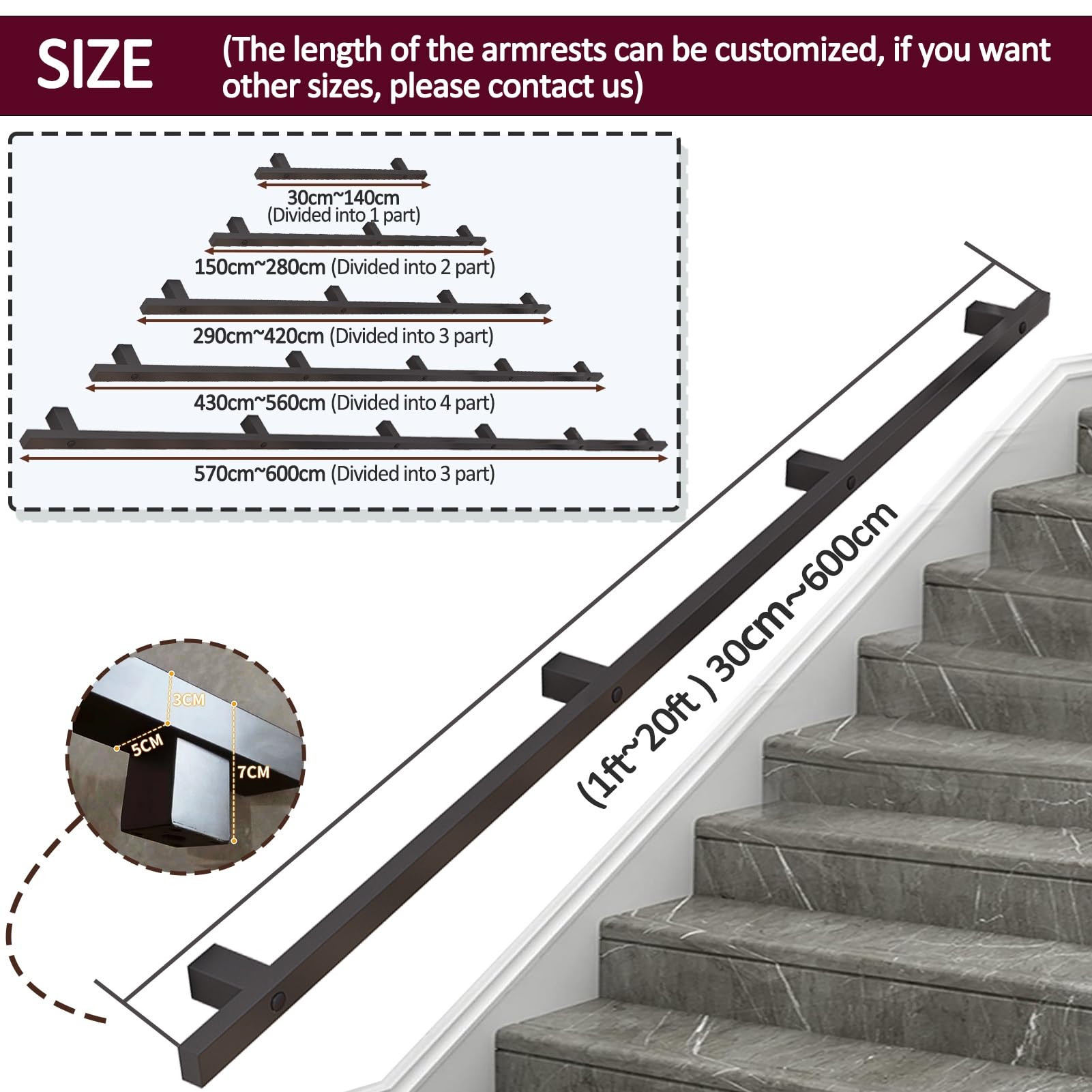 Stabiles Eisen für Treppen – 180 cm Treppengeländer-Set mit Wandhalterungen und Metallschrauben – langlebig, verstellbare Unterstützung für sicheres Klettern und Absteigen