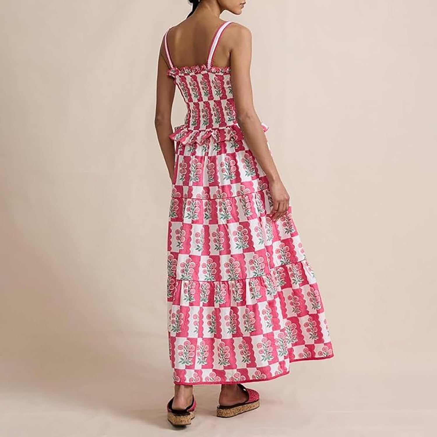 Women Summer Smocked Flowy Dress Spaghetti Strap Square Neck Floral Dress Ruffle Patchwork Boho A Line Midi Sun Dress - Image 6