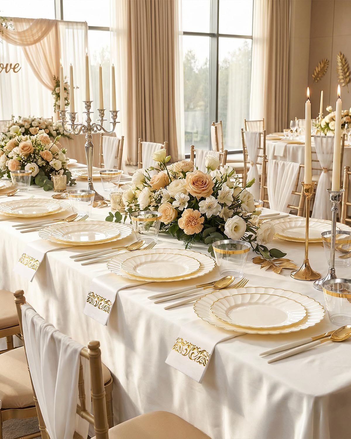 Ciaell 175 PCS Ivory Scalloped Plastic Plates - Gold Disposable Plates Fancy High-end Dinnerware Sets for Wedding & Party (25 Guests)