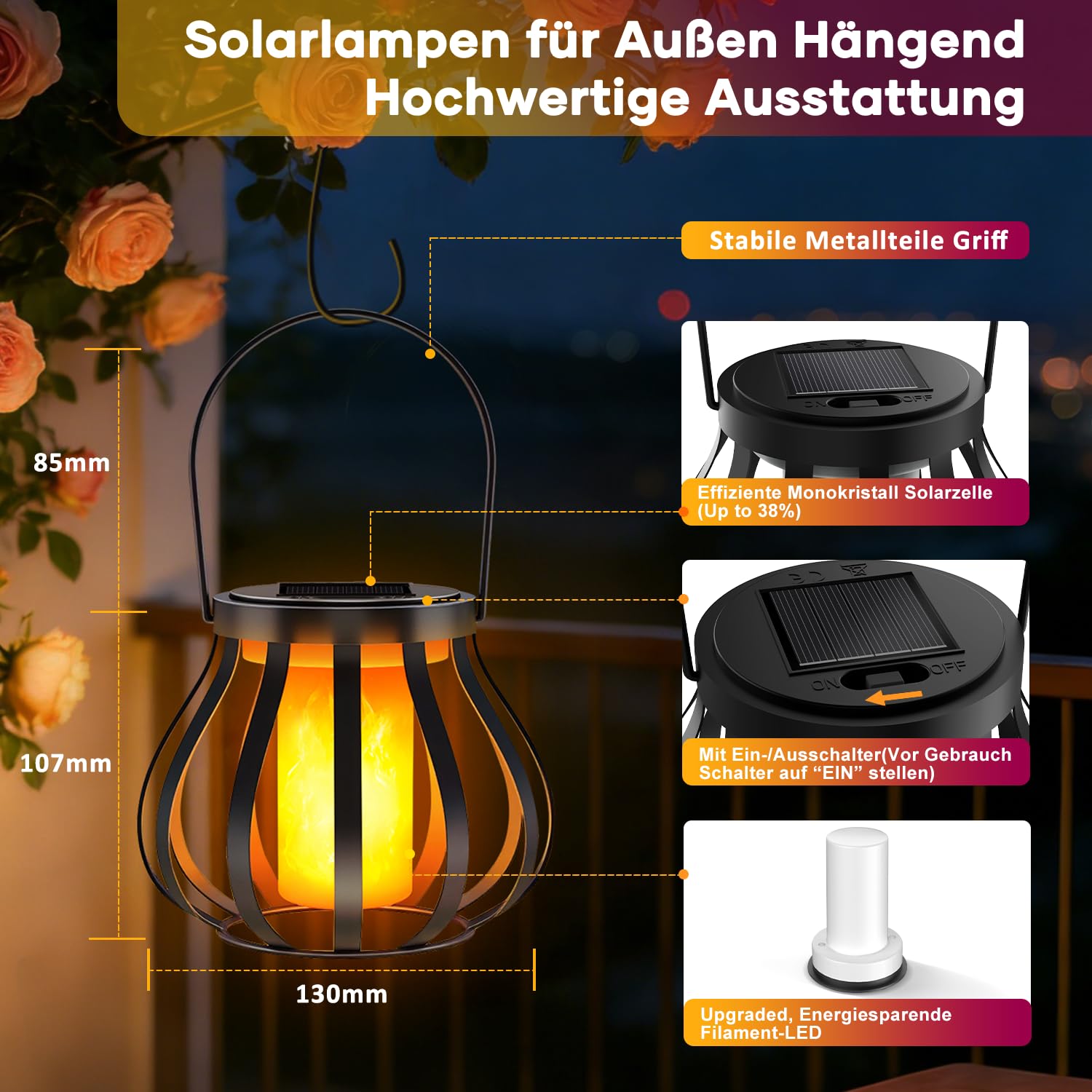 2 lanterne solari con effetto fiamma reale per esterni, IP65, impermeabili, per giardino, balcone, terrazza e cortile con sensore crepuscolare automatico, decorazione da giardino, Senza gancio e base